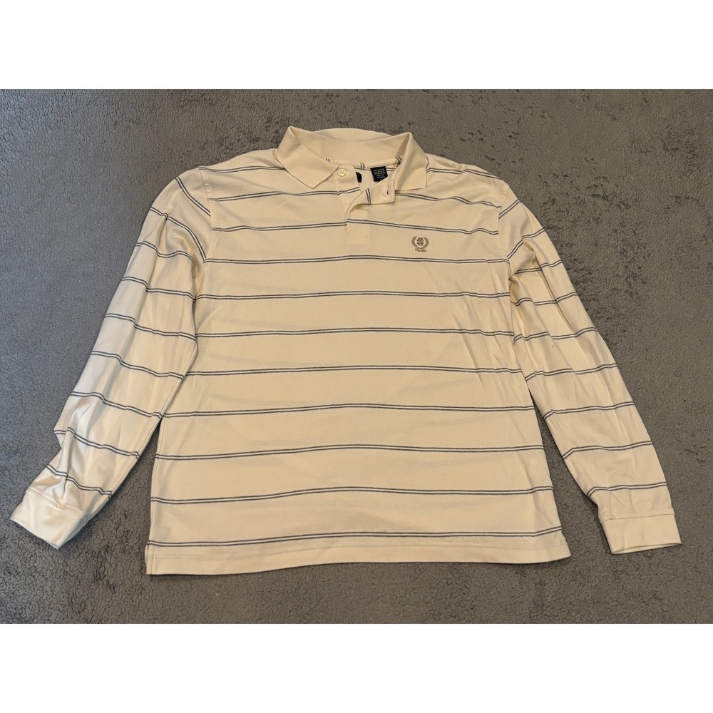 IZOD Mens Long Sleeve Polo Shirt Cream Navy Blue Striped Cotton Large